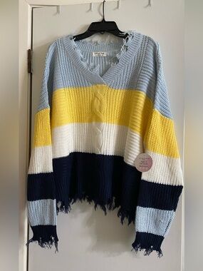 FULL CIRCLE TREND Colorblock Distressed V-Neck Sweater - Light Blue/Yellow/Navy